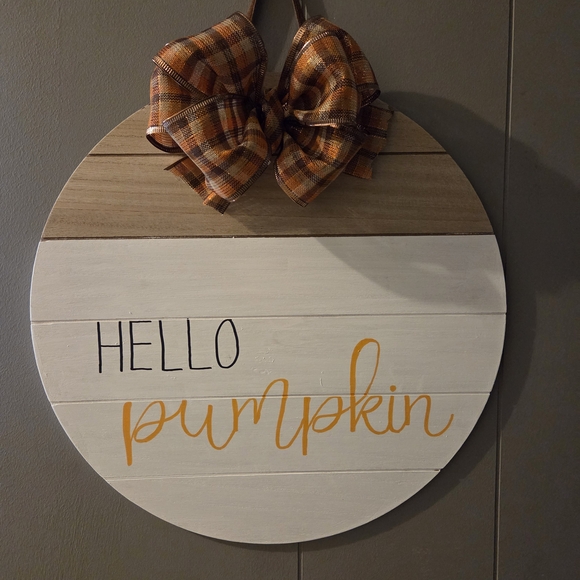 Other - Hello Pumpkin Round Wall Sign with Plaid Bow